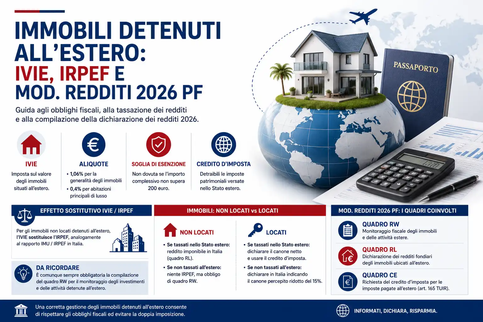 Immobili detenuti all'estero: IVIE, tassazione dei redditi e compilazione del Modello REDDITI 2026.