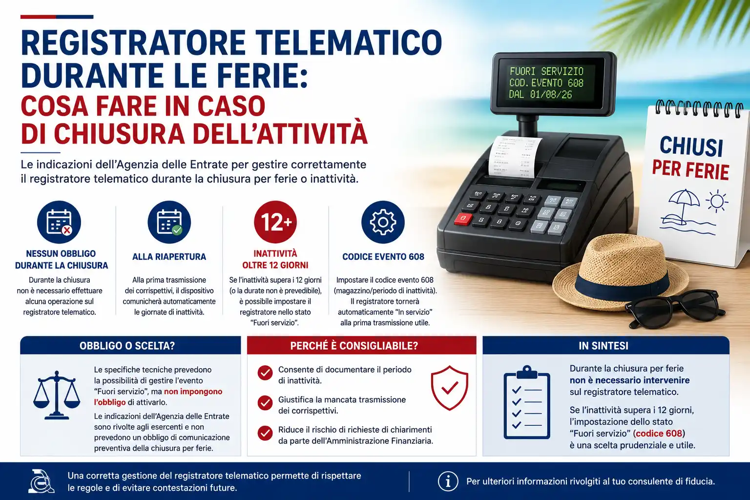 Registratore telematico durante la chiusura per ferie con indicazioni sullo stato "Fuori servizio" e codice evento 608